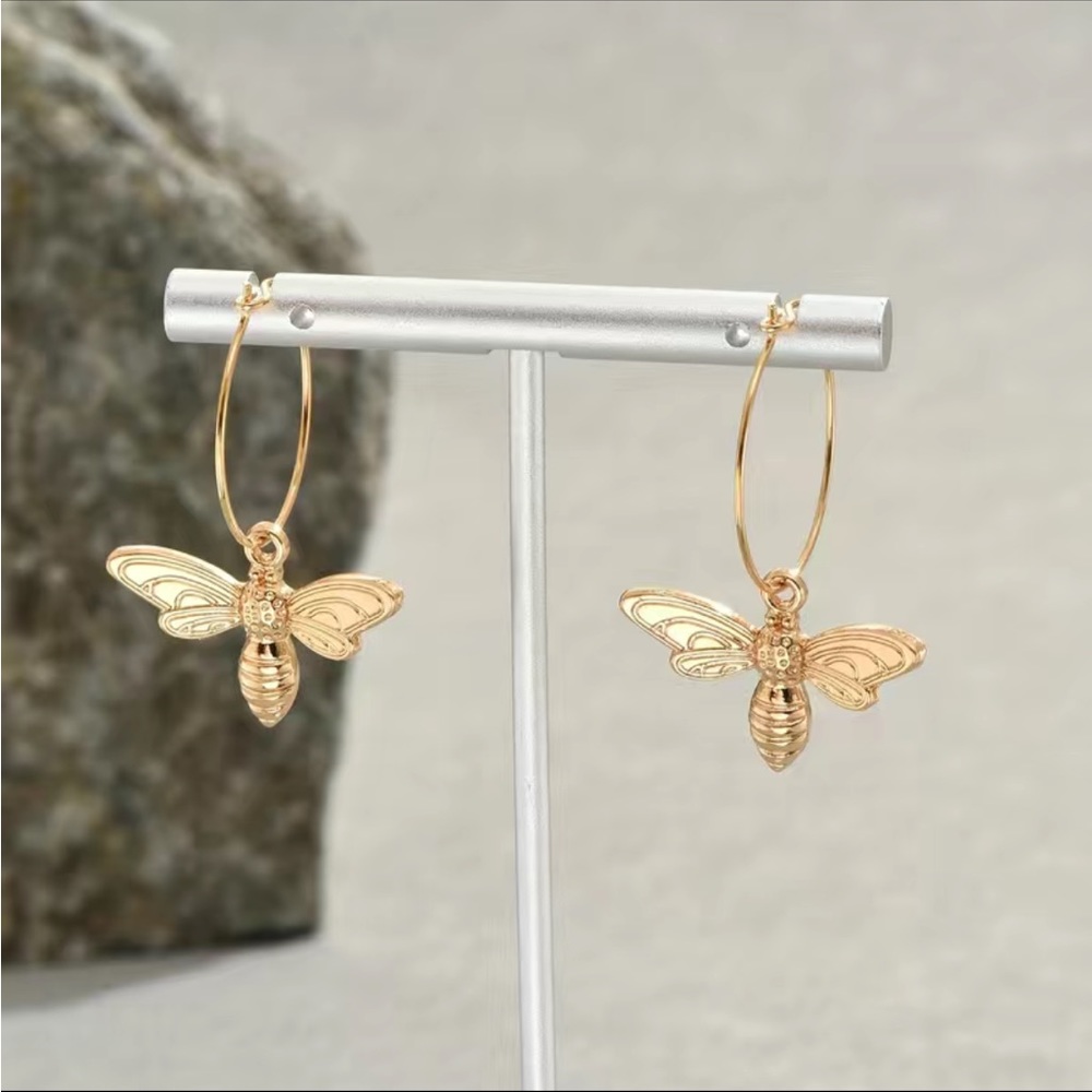 Golden Bumble Bee Drop Hoop Earrings